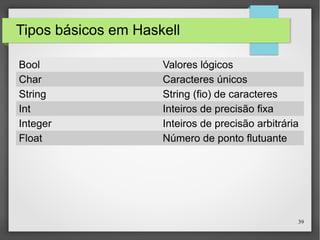 39 
Tipos básicos em Haskell 
Bool Valores lógicos 
Char Caracteres únicos 
String String (fio) de caracteres 
Int Inteiros de precisão fixa 
Integer Inteiros de precisão arbitrária 
Float Número de ponto flutuante 
 