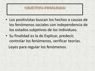 • Los positivistas buscan los hechos o causas de
los fenómenos sociales con independencia de
los estados subjetivos de los individuos.
• Su finalidad es la de Explicar, predecir,
controlar los fenómenos, verificar teorías.
Leyes para regular los fenómenos.
 