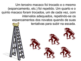 Um terceiro macaco foi trocado e o mesmo
    (espancamento, etc.) foi repetido. Um quarto e o
quinto macaco foram trocados, um de cada vez, com
             intervalos adequados, repetindo-se os
       espancamentos dos novatos quando de suas
                    tentativas para subir na escada.
 