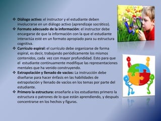 El Paradigma cognitivo determina que: "aprender" constituye la síntesis de la forma y contenido recibido por las percepciones, las cuales actúan en forma relativa y personal en cada individuo, y que a su vez se encuentran influidas por sus antecedentes, actitudes y motivaciones individuales. El aprendizaje a través de una visión cognositivista es  mucho más que un simple  cambio observable en el comportamiento.El modelo mas utilizado sobre el sistema cognitivo humano es el descrito por Gagne en 1974 el modelo supone los siguientes elementos:+ RECEPTORES: Dispositivos que permiten captar la información que entra al sistema, cada uno de  nuestros sistemas tiene receptores especializados sensibles a diferentes formas de energía.+MEMORIA SENSORIAL: En esta etapa ocurre el registro de copias realizadas por los receptores cuando captan la estimulación entrante. +MEMORIA A CORTO PLAZO :este almacén  tiene una duración limitada de procesamiento aprox. Entre 15 y 30 segundos ; el formato de la información es de tipo fonético.+MEMORIA A LARGO PLAZO: La capacidad de almacenaje y duración del trazo son ilimitados.