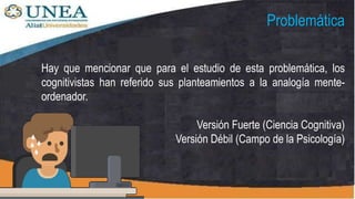 Problemática
Hay que mencionar que para el estudio de esta problemática, los
cognitivistas han referido sus planteamientos a la analogía mente-
ordenador.
Versión Fuerte (Ciencia Cognitiva)
Versión Débil (Campo de la Psicología)
 