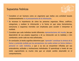 Supuestos Teóricos
Considera al ser humano como un organismo que realiza una actividad basada
fundamentalmente en el procesamiento de la información.
Se reconoce la importancia de cómo las personas organizan, filtran, codifican,
categorizan, y evalúan la información y la forma en que estas herramientas,
estructuras o esquemas mentales son empleadas para acceder e interpretar la
realidad.
Considera que cada individuo tendrá diferentes representaciones del mundo, las que
dependerán de sus propios esquemas y de su interacción con la realidad, e irán
cambiando y serán cada vez más sofisticadas.
En conclusión, la teoría cognitiva determina que: "aprender" constituye la síntesis de la
forma y contenido recibido por las percepciones, las cuales actúan en forma relativa y
personal en cada individuo, y que a su vez se encuentran influidas por sus
antecedentes, actitudes y motivaciones individuales. El aprendizaje a través de una
visión cognositivista es mucho más que un simple cambio observable en el
comportamiento.
 