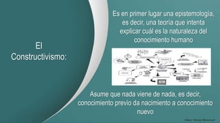 El
Constructivismo:
Es en primer lugar una epistemología,
es decir, una teoría que intenta
explicar cuál es la naturaleza del
conocimiento humano
Asume que nada viene de nada, es decir,
conocimiento previo da nacimiento a conocimiento
nuevo
 