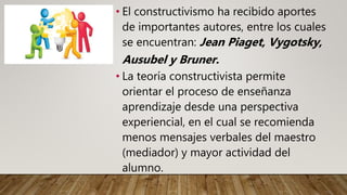 • El constructivismo ha recibido aportes
de importantes autores, entre los cuales
se encuentran: Jean Piaget, Vygotsky,
Ausubel y Bruner.
• La teoría constructivista permite
orientar el proceso de enseñanza
aprendizaje desde una perspectiva
experiencial, en el cual se recomienda
menos mensajes verbales del maestro
(mediador) y mayor actividad del
alumno.
 