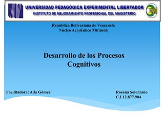Republica Bolivariana de Venezuela
Núcleo Académico Miranda
Facilitadora: Ada Gómez Rosana Solorzano
C.I 12.877.904
Desarrollo de los Procesos
Cognitivos
 