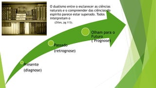Presente
(diagnose)
Passado
(retrognose)
Olham para o
Futuro
( Prognose)
O dualismo entre o esclarecer as ciências
naturais e o compreender das ciências do
espírito parece estar superado. Todos
interpretam o
(Zilles, pg 113).
 