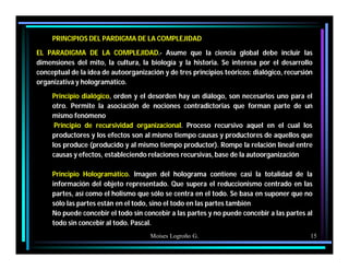 Moises Logroño G. 15
PRINCIPIOS DEL PARDIGMA DE LA COMPLEJIDAD
EL PARADIGMA DE LA COMPLEJIDAD.- Asume que la ciencia global debe incluir las
dimensiones del mito, la cultura, la biología y la historia. Se interesa por el desarrollo
conceptual de la idea de autoorganización y de tres principios teóricos: dialógico, recursión
organizativa y hologramático.
Principio dialógico, orden y el desorden hay un diálogo, son necesarios uno para el
otro. Permite la asociación de nociones contradictorias que forman parte de un
mismo fenómeno
Principio de recursividad organizacional. Proceso recursivo aquel en el cual los
productores y los efectos son al mismo tiempo causas y productores de aquellos que
los produce (producido y al mismo tiempo productor). Rompe la relación lineal entre
causas y efectos, estableciendo relaciones recursivas, base de la autoorganización
Principio Hologramático. Imagen del holograma contiene casi la totalidad de la
información del objeto representado. Que supera el reduccionismo centrado en las
partes, así como el holismo que sólo se centra en el todo. Se basa en suponer que no
sólo las partes están en el todo, sino el todo en las partes también
No puede concebir el todo sin concebir a las partes y no puede concebir a las partes al
todo sin concebir al todo. Pascal.
 