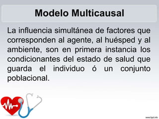 La influencia simultánea de factores que
corresponden al agente, al huésped y al
ambiente, son en primera instancia los
condicionantes del estado de salud que
guarda el individuo ó un conjunto
poblacional.
Modelo Multicausal
 