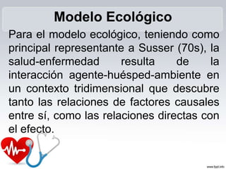 Para el modelo ecológico, teniendo como
principal representante a Susser (70s), la
salud-enfermedad resulta de la
interacción agente-huésped-ambiente en
un contexto tridimensional que descubre
tanto las relaciones de factores causales
entre sí, como las relaciones directas con
el efecto.
Modelo Ecológico
 