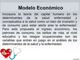 Incorpora la teoría del capital humano en los
determinantes de la salud enfermedad y
conceptualiza a la salud como un bien de inversión y
de consumo para estar alerta ante la enfermedad.
Para esta propuesta el ingreso económico, los
patrones de consumo, los estilos de vida, el nivel
educativo y los riesgos ocupacionales son las
variables que entran en juego en el análisis de los
determinantes de la salud y la enfermedad.
Modelo Económico
 