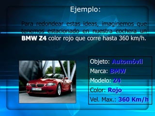 Ejemplo:

Para redondear estas ideas, imaginemos que
tenemos estacionado en nuestra cochera un
BMW Z4 color rojo que corre hasta 360 km/h.


                       Objeto: Automóvil
                       Marca: BMW
                       Modelo: Z4
                       Color: Rojo
                       Vel. Max.: 360 Km/h
 