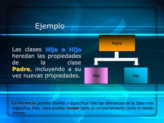 Ejemplo

                                                      Padre
Las clases Hija e Hijo
heredan las propiedades
de        la       clase
Padre, incluyendo a su
vez nuevas propiedades.                     Hija                  Hijo




La herencia permite diseñar y especificar sólo las diferencias de la clase más
específica. Esto hace posible reusar tanto el comportamiento como el estado
interno.
 