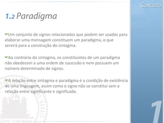 1.2 Paradigma
Um conjunto de signos relacionados que podem ser usados para
elaborar uma mensagem constituem um paradigma, o que
servirá para a construção do sintagma.
Ao contrário do sintagma, os constituintes de um paradigma
não obedecem a uma ordem de sucessão e nem possuem um
número determinado de signos.
A relação entre sintagma e paradigma é a condição de existência
de uma linguagem, assim como o signo não se constitui sem a
relação entre significante e significado.
 