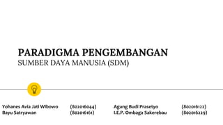 PARADIGMA PENGEMBANGAN
SUMBER DAYA MANUSIA (SDM)
Yohanes Avia Jati Wibowo (802016044) Agung Budi Prasetyo (802016122)
Bayu Satryawan (802016161) I.E.P. Ombaga Sakerebau (802016229)
 