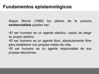 Page  Fundamentos epistemológicos Según Morris (1966) los pilares de la postura  existencialista  pueden ser: El ser humano es un agente electivo, capaz de elegir su propio destino. El ser humano es un agente libre, absolutamente libre para establecer sus propias metas de vida. El ser humano es un agente responsable de sus propias elecciones. 