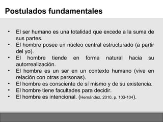 Page  Postulados fundamentales El ser humano es una totalidad que excede a la suma de sus partes. El hombre posee un núcleo central estructurado (a partir del yo). El hombre tiende en forma natural hacia su autorrealización. El hombre es un ser en un contexto humano (vive en relación con otras personas). El hombre es consciente de sí mismo y de su existencia. El hombre tiene facultades para decidir. El hombre es intencional. ( Hernández, 2010, p. 103-104 ). 