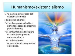 Humanismo/existencialismo
El humanismo incorpora del
   existencialismo las
siguientes nociones:
* el ser humano es electivo,
   por ende, capaz de elegir su
   propio destino;
* el ser humano es libre para
   establecer sus propias
   metas de vida; y
* el ser humano es
   responsable de sus propias
   elecciones.
 