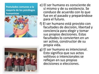 Postulados comunes a la
                            e) El ser humano es consciente de
mayoría de los psicólogos      sí mismo y de su existencia. Se
humanistas                     conduce de acuerdo con lo que
                               fue en el pasado y preparándose
                               para el futuro.
                            f) El ser humano está provisto con
                               facultades de decisión, libertad y
                               conciencia para elegir y tomar
                               sus propias decisiones. Estas
                               facultades lo convierten en un
                               ser activo, constructor de su
                               propia vida.
                            g) El ser humano es intencional.
                               Esto significa que sus actos
                               volitivos o intencionales se
                               reflejan en sus propias
                               decisiones o elecciones.
 