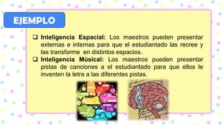 EJEMPLO
❑ Inteligencia Espacial: Los maestros pueden presentar
externas e internas para que el estudiantado las recree y
las transforme en distintos espacios.
❑ Inteligencia Músical: Los maestros pueden presentar
pistas de canciones a el estudiantado para que ellos le
inventen la letra a las diferentes pistas.
 