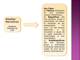 Diseños
Narrativos
Analizan
historias de
vida
Diseños
Narrativos
Analizan
historias de
vida
Sus Tipos:
a) Tópicos (enfocados
en una temática,
suceso o fenómeno),
b) Biográficos (de
una persona, grupo o
comunidad; sin incluir
la narración de los
participantes “en
vivo”, ya sea porque
fallecieron o no
recuerdan a causa de
su edad avanzada o
enfermedad, o son
inaccesibles)
c) Autobiográficos
(de una persona,
grupo o comunidad
incluyendo testimonios
orales “en vivo” de los
actores participantes).
Sus Tipos:
a) Tópicos (enfocados
en una temática,
suceso o fenómeno),
b) Biográficos (de
una persona, grupo o
comunidad; sin incluir
la narración de los
participantes “en
vivo”, ya sea porque
fallecieron o no
recuerdan a causa de
su edad avanzada o
enfermedad, o son
inaccesibles)
c) Autobiográficos
(de una persona,
grupo o comunidad
incluyendo testimonios
orales “en vivo” de los
actores participantes).
 