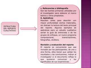  
5. Referencias o bibliografía
Son las fuentes primarias utilizadas por
el investigador para elaborar el marco
teórico u otros propósitos.
6. Apéndices
Resultan útiles para describir con
mayor profundidad ciertos materiales,
sin distraer la lectura del texto principal
del reporte. Algunos ejemplos de
apéndices para un estudio cualitativo
serían la guía de entrevista o de los
grupos de enfoque, un nuevo programa
computacional, transcripciones,
fotografías, etcétera.
Revisión y evaluación del reporte
El reporte es conveniente que sea
revisado por los participantes; de una u
otra forma, ellos tienen que validar los
resultados y las conclusiones, indicar al
investigador si el documento refleja lo
que quisieron comunicar y los
significados de sus experiencias .
 
5. Referencias o bibliografía
Son las fuentes primarias utilizadas por
el investigador para elaborar el marco
teórico u otros propósitos.
6. Apéndices
Resultan útiles para describir con
mayor profundidad ciertos materiales,
sin distraer la lectura del texto principal
del reporte. Algunos ejemplos de
apéndices para un estudio cualitativo
serían la guía de entrevista o de los
grupos de enfoque, un nuevo programa
computacional, transcripciones,
fotografías, etcétera.
Revisión y evaluación del reporte
El reporte es conveniente que sea
revisado por los participantes; de una u
otra forma, ellos tienen que validar los
resultados y las conclusiones, indicar al
investigador si el documento refleja lo
que quisieron comunicar y los
significados de sus experiencias .
ESTRUCTURA
DEL REPORTE
CUALITATIVO
ESTRUCTURA
DEL REPORTE
CUALITATIVO
 