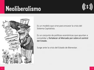 Neoliberalismo
Es  un  modelo  que  sirve  para  encarar  la  crisis  del  
Sistema  Capitalista.

Es  un  conjunto  de  polí<cas  económicas  que  apuntan  a  
consolidar  y  fortalecer  al  Mercado  por  sobre  el  control  
del  Estado.  

Surge  ante  la  crisis  del  Estado  de  Bienestar.
 