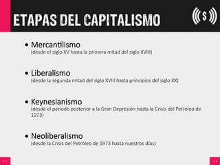 ETAPAS DEL CAPITALISMO
• Mercan<lismo  
(desde  el  siglo  XV  hasta  la  primera  mitad  del  siglo  XVIII)
• Liberalismo  
(desde  la  segunda  mitad  del  siglo  XVIII  hasta  principios  del  siglo  XX)
• Keynesianismo  
(desde  el  periodo  posterior  a  la  Gran  Depresión  hasta  la  Crisis  del  Petróleo  de  
1973)
• Neoliberalismo  
(desde  la  Crisis  del  Petróleo  de  1973  hasta  nuestros  días)

 