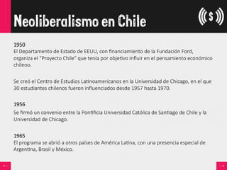 Neoliberalismo en Chile
1950    
El  Departamento  de  Estado  de  EEUU,  con  ﬁnanciamiento  de  la  Fundación  Ford,  
organiza  el  “Proyecto  Chile"  que  tenía  por  obje<vo  inﬂuir  en  el  pensamiento  económico  
chileno.

Se  creó  el  Centro  de  Estudios  La<noamericanos  en  la  Universidad  de  Chicago,  en  el  que  
30  estudiantes  chilenos  fueron  inﬂuenciados  desde  1957  hasta  1970.  

1956  
Se  ﬁrmó  un  convenio  entre  la  Pon<ﬁcia  Universidad  Católica  de  San<ago  de  Chile  y  la  
Universidad  de  Chicago.

1965    
El  programa  se  abrió  a  otros  países  de  América  La<na,  con  una  presencia  especial  de  
Argen<na,  Brasil  y  México.  
 