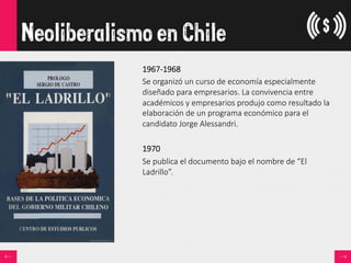 Neoliberalismo en Chile
1967-­‐1968  
Se  organizó  un  curso  de  economía  especialmente  
diseñado  para  empresarios.  La  convivencia  entre  
académicos  y  empresarios  produjo  como  resultado  la  
elaboración  de  un  programa  económico  para  el  
candidato  Jorge  Alessandri.

1970  
Se  publica  el  documento  bajo  el  nombre  de  “El  
Ladrillo”.
 