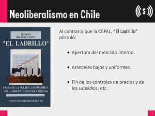 Neoliberalismo en Chile
Al  contrario  que  la  CEPAL,  “El  Ladrillo”  
postuló:

•  Apertura  del  mercado  interno.
•  Aranceles  bajos  y  uniformes.
•  Fin  de  los  controles  de  precios  y  de  
los  subsidios,  etc.
 