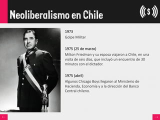 Neoliberalismo en Chile
1973
Golpe  Militar

1975  (25  de  marzo)
Milton  Friedman  y  su  esposa  viajaron  a  Chile,  en  una  
visita  de  seis  días,  que  incluyó  un  encuentro  de  30  
minutos  con  el  dictador.

1975  (abril)
Algunos  Chicago  Boys  llegaron  al  Ministerio  de  
Hacienda,  Economía  y  a  la  dirección  del  Banco  
Central  chileno.

 