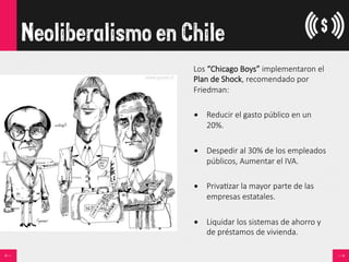 Neoliberalismo en Chile
Los  “Chicago  Boys”  implementaron  el  
Plan  de  Shock,  recomendado  por  
Friedman:

•  Reducir  el  gasto  público  en  un  
20%.
•  Despedir  al  30%  de  los  empleados  
públicos,  Aumentar  el  IVA.
•  Priva<zar  la  mayor  parte  de  las  
empresas  estatales.
•  Liquidar  los  sistemas  de  ahorro  y  
de  préstamos  de  vivienda.    
 