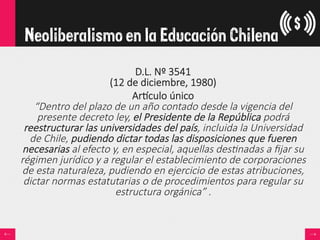 D.L.  Nº  3541  
(12  de  diciembre,  1980)
Aryculo  único  
“Dentro  del  plazo  de  un  año  contado  desde  la  vigencia  del  
presente  decreto  ley,  el  Presidente  de  la  República  podrá  
reestructurar  las  universidades  del  país,  incluida  la  Universidad  
de  Chile,  pudiendo  dictar  todas  las  disposiciones  que  fueren  
necesarias  al  efecto  y,  en  especial,  aquellas  des=nadas  a  ﬁjar  su  
régimen  jurídico  y  a  regular  el  establecimiento  de  corporaciones  
de  esta  naturaleza,  pudiendo  en  ejercicio  de  estas  atribuciones,  
dictar  normas  estatutarias  o  de  procedimientos  para  regular  su  
estructura  orgánica”  .  

Neoliberalismo en la Educación Chilena
 