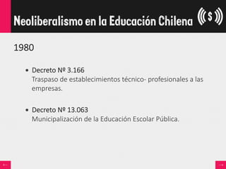 1980
•  Decreto  Nº  3.166  
Traspaso  de  establecimientos  técnico-­‐  profesionales  a  las  
empresas.  
•  Decreto  Nº  13.063  
Municipalización  de  la  Educación  Escolar  Pública.
Neoliberalismo en la Educación Chilena
 