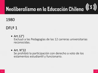 1980  
  
DFLº  1  
•  Art.12°)    
Excluyó  a  las  Pedagogías  de  las  12  carreras  universitarias  
reconocidas.  
•  Art.  N°22  
Se  prohibió  la  par<cipación  con  derecho  a  voto  de  los  
estamentos  estudian<l  y  funcionario.
Neoliberalismo en la Educación Chilena
 