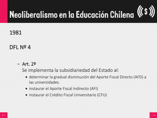 1981    
  
DFL  Nº  4  

–  Art.  2º    
Se  implementa  la  subsidiariedad  del  Estado  al:
•  determinar  la  gradual  disminución  del  Aporte  Fiscal  Directo  (AFD)  a  
las  universidades.
•  instaurar  el  Aporte  Fiscal  Indirecto  (AFI)
•  instaurar  el  Crédito  Fiscal  Universitario  (CFU)  
Neoliberalismo en la Educación Chilena
 