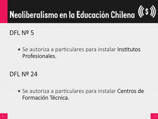 DFL  Nº  5
• Se  autoriza  a  par<culares  para  instalar  Ins<tutos  
Profesionales.  

DFL  Nº  24
• Se  autoriza  a  par<culares  para  instalar  Centros  de  
Formación  Técnica.
Neoliberalismo en la Educación Chilena
 