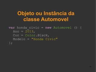Objeto ou Instância da classe
Automovel
var honda_civic = new Automovel () {
Ano = 2013,
Cor = Color.Black,
Modelo = "Honda Civic"
};

10

 
