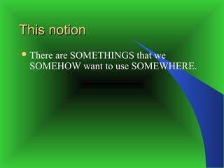 This notion
 There
     are SOMETHINGS that we
 SOMEHOW want to use SOMEWHERE.
 