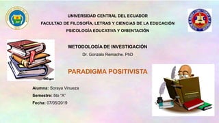 UNIVERSIDAD CENTRAL DEL ECUADOR
FACULTAD DE FILOSOFÍA, LETRAS Y CIENCIAS DE LA EDUCACIÓN
PSICOLOGÍA EDUCATIVA Y ORIENTACIÓN
METODOLOGÍA DE INVESTIGACIÓN
Dr. Gonzalo Remache. PhD
PARADIGMA POSITIVISTA
Alumna: Soraya Vinueza
Semestre: 5to “A”
Fecha: 07/05/2019
 