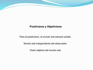 Positivismo y Objetivismo
Para el positivismo, el mundo real siempre existió.
Mundo real independiente del observador.
Visión objetiva del mundo real.
 