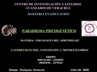 CENTRO DE INVESTIGACIÓN Y ESTUDIOS  AVANZADOS DE VERACRUZ MAESTRIA EN EDUCACION MATERIA:   PSICOLOGÍA DEL APRENDIZAJE CATEDRÁTICO : PSIC. CONCEPCIÓN A. MÉNDEZ RAMÍREZ EQUIPO ANA ELISA - LEONOR  ABIGAHIL - LETICIA Xalapa - Enríquez, Veracruz  Julio del  2008 PARADIGMA PSICOGENÉTICO 