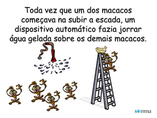 Toda vez que um dos macacos começava na subir a escada, um dispositivo automático fazia jorrar água gelada sobre os demais macacos.