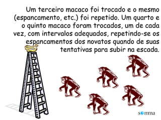 Um terceiro macaco foi trocado e o mesmo (espancamento, etc.) foi repetido. Um quarto e o quinto macaco foram trocados, um de cada vez, com intervalos adequados, repetindo-se os espancamentos dos novatos quando de suas tentativas para subir na escada.