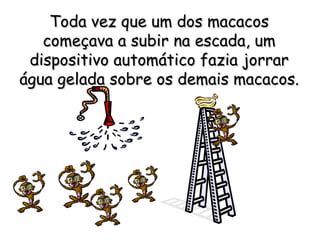 Toda vez que um dos macacos começava a subir na escada, um dispositivo automático fazia jorrar água gelada sobre os demais macacos.   