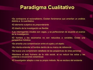 Paradigma Cualitativo Se contrapone al racionalidsmo. Existen fenómenos que ameritan un análisis distinto a  lo cuantitativo. El elemento subjetivo es preponderante El diseño de la investigación es flexible Las interrogantes inicales son vagas, y se perfeccionan de acuerdo al avance de la investigación. El hombre y los escenarios no son reducidos a variables. Existe una perspectiva holística Se amerita una contaminacion entre el sujeto y el objeto. Se intenta entender al hombre dentro de su marco de referencia Se busca una comprensión detallada de las pespectivas de otras personas  Mantiene el lado humano de la vida social, al no reducir los actos y las palabras a ecuaciones estadístcas  El investigador adapta o crea su propio método. No es esclavo del existente 
