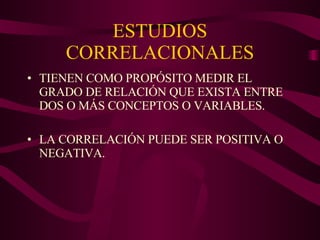 ESTUDIOS CORRELACIONALES TIENEN COMO PROPÓSITO MEDIR EL GRADO DE RELACIÓN QUE EXISTA ENTRE DOS O MÁS CONCEPTOS O VARIABLES. LA CORRELACIÓN PUEDE SER POSITIVA O NEGATIVA.  