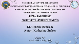 UNIVERSIDAD CENTRAL DEL ECUADOR
FACULTAD DE FILOSOFÍA, LETRAS Y CIENCIAS DE LA EDUCACIÓN
CARRERA DE PSICOLOGÍA EDUCATIVA Y ORIENTACIÓN
METODOLOGÍA DE LA INVESTIGACIÓN I
TEMA: PARADIGMA
POSITIVISTA - INTERPRETATIVO
Dr. Gonzalo Remache
Autor: Katherine Suárez
Quinto “B”
Abril 2018 – Julio 2018
 