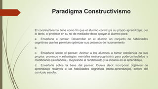 Paradigma Constructivismo
El constructivismo tiene como fin que el alumno construya su propio aprendizaje, por
lo tanto, el profesor en su rol de mediador debe apoyar al alumno para:
a. Enseñarle a pensar: Desarrollar en el alumno un conjunto de habilidades
cognitivas que les permitan optimizar sus procesos de razonamiento
b.
c. Enseñarle sobre el pensar: Animar a los alumnos a tomar conciencia de sus
propios procesos y estrategias mentales (meta-cognición) para podercontrolarlos y
modificarlos (autonomía), mejorando el rendimiento y la eficacia en el aprendizaje.
d. Enseñarle sobre la base del pensar: Quiere decir incorporar objetivos de
aprendizaje relativos a las habilidades cognitivas (meta-aprendizaje), dentro del
currículo escolar.
 