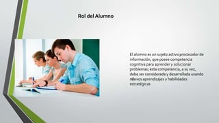 El alumno es un sujeto activo procesador de
información, que posee competencia
cognitiva para aprender y solucionar
problemas; esta competencia, a su vez,
debe ser considerada y desarrollada usando
n﻿uevos aprendizajes y habilidades
estratégicas
Rol del Alumno
 